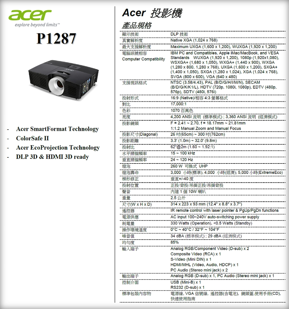 ACER P1287投影機-佳譽資訊獨家現貨供應加贈博士佳簡報筆